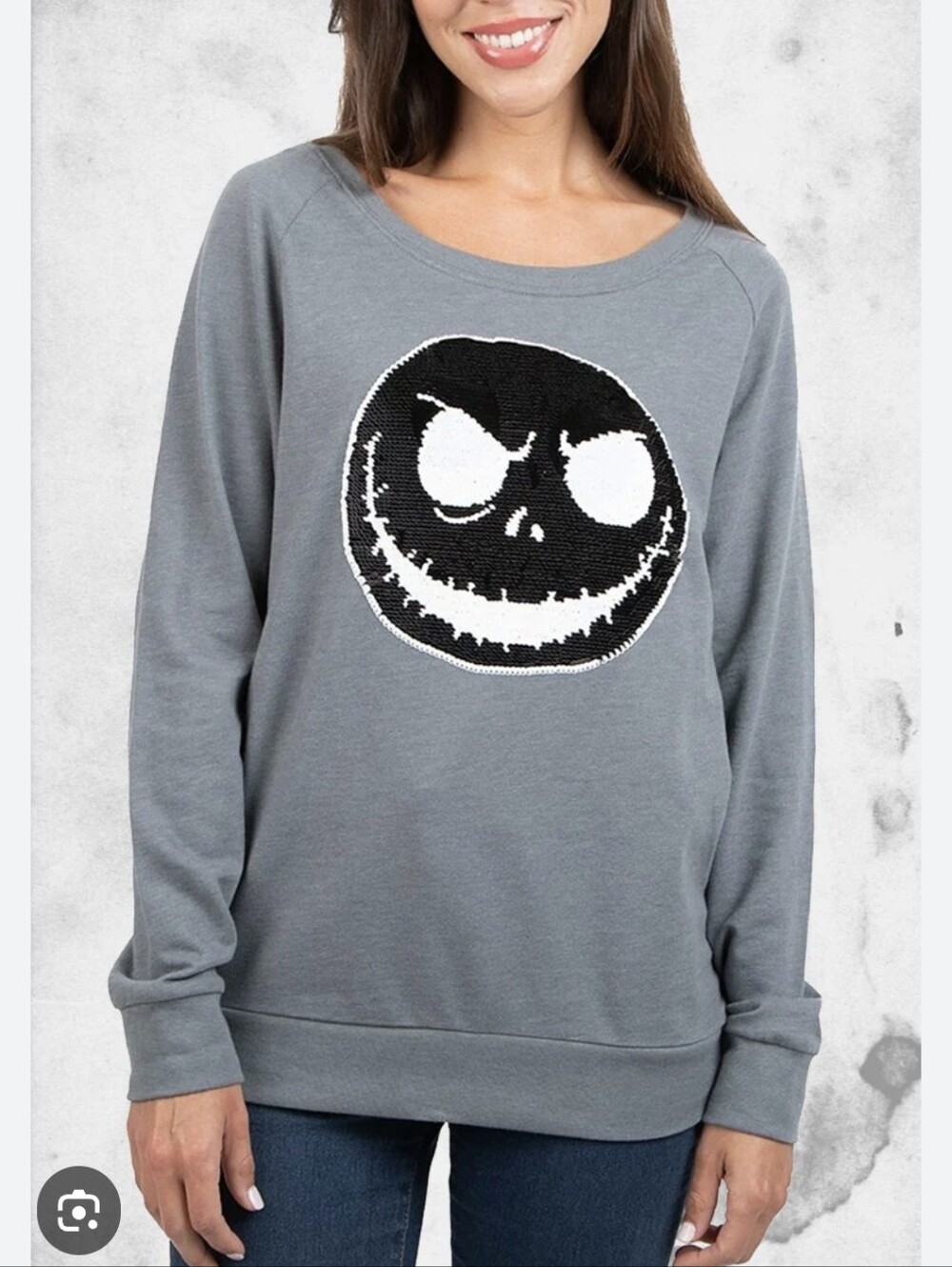 Disney Gray Crewneck Sweater with Black & White Jack Skellington Graphic